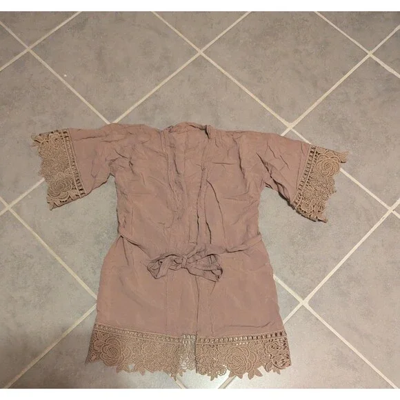 Women’s Boho Kimono Cardigan Lace Trim Open Front Tie Waist - Picture 4 of 5